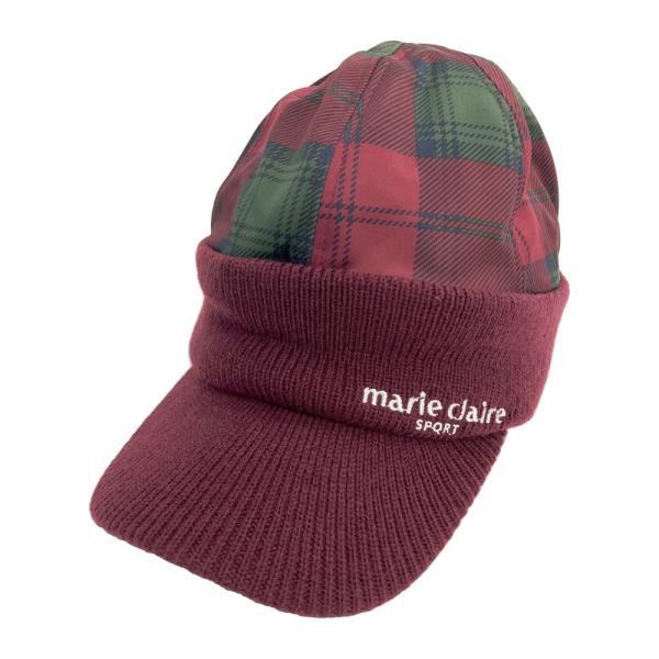 marie claire sport マリクレール スポール  裏フリース ニットキャップ 切替 チェック柄 レッド系  ゴルフウェア
