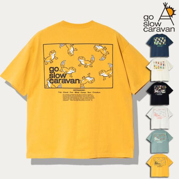 go slow caravan 半袖Tシャツ USAコットン バックプリント スクエアロゴ ゆったり クルーネック 綿100％ ユニセックス アウトドア フェス