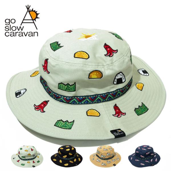 go slow caravan キャンパーハット 総刺繍 ライトキャンバス ワイヤーブリム あご紐付き アウトドア UV対策 ユニセックス