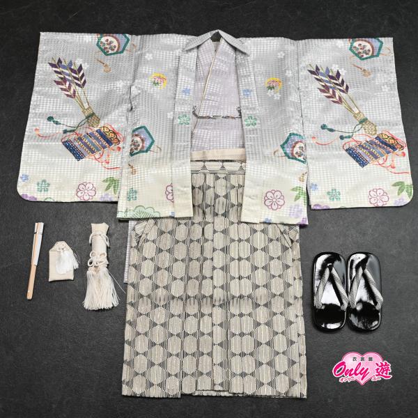 【激安】【在庫処分品】男児AS袴セット/ひさかたろまん/03-710BN/三ツ身/ブランド/子供/ちびっこ/着物/長襦袢/羽織/七五三着物セット/3歳/和服/兜/グレー/