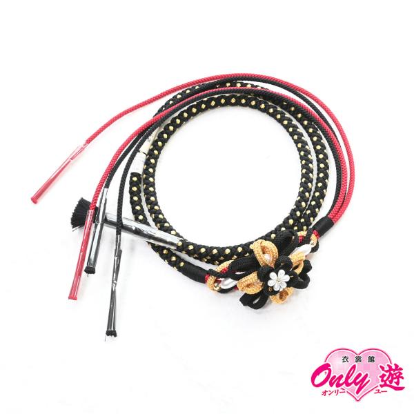 82NB75100【在庫処分品】帯締め/振袖用帯〆/翠嵐工房/組紐パール菊/正絹/2色四本バラ/組紐/手組み/丸組/丸打ち/並尺/L寸/黒/日本製