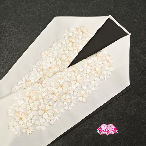 91DR30020【少々難有り】【新作】半襟/刺繍半衿/DA001-1/桜ちらし/白/金/刺繍/振袖用/日本製