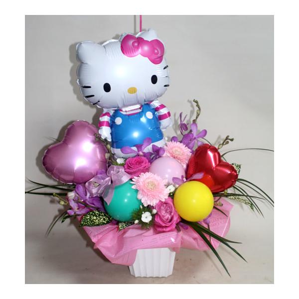 キティちゃんとバルーン♪　ハローキティ 生花 バルーン入りアレンジ 風船 花とバルーン 誕生日 お祝い 開店祝い 発表会　【地域限定送料無料】