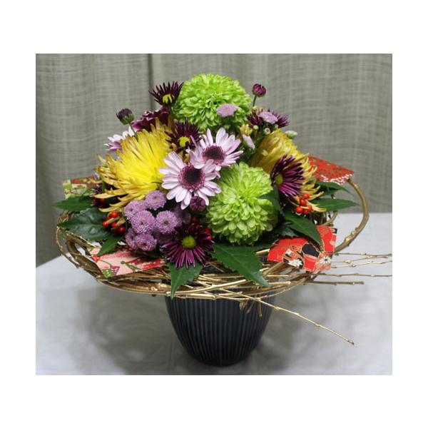 お正月の和風花束 アレンジメント ブーケ 生花 花束 アレンジ フラワーギフト 花の贈り物 寿 お祝い 菊　床の間　ディスプレー