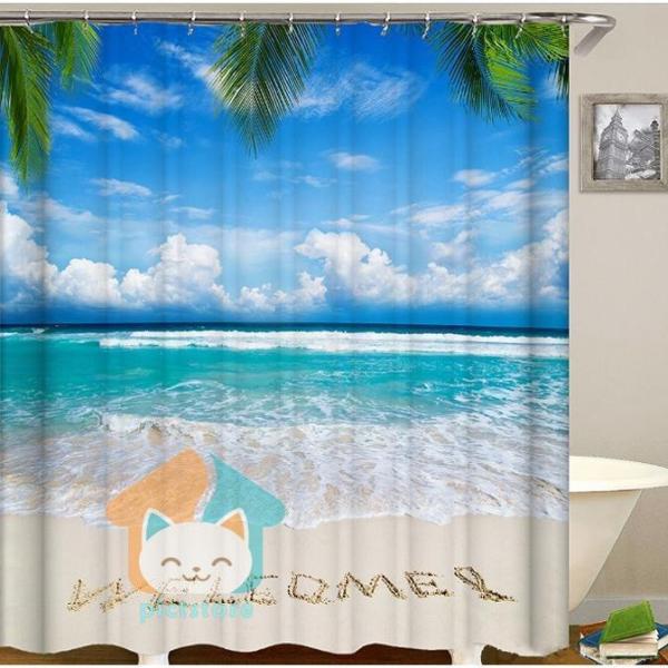 シャワーカーテン リングランナー付き カーテン 浴室 インテリア 保温 防水 お風呂 仕切り バス 海 リゾート 浜辺 ビーチ おしゃれ SC-10