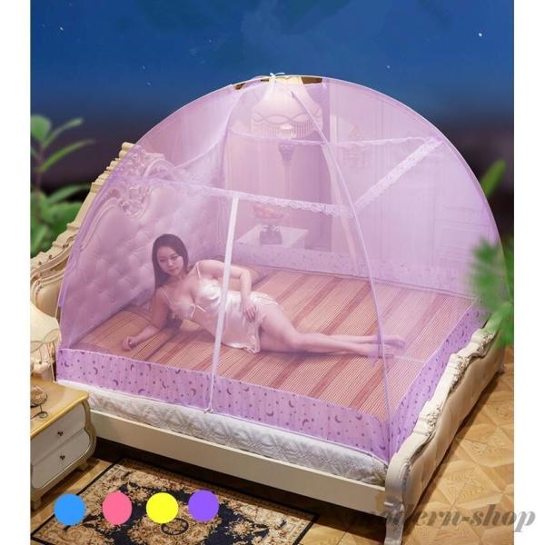 【ワンタッチ式蚊帳 】テントのようにパッと広がるワンタッチ式なので設置もらくらく簡単です。目の細かいネットで小さな蚊も通しません。耳元で聞こえる羽音に気を立てることなく、朝までぐっすり安心して眠れます 。簡単に組み立て可能：(1)自然的に展...