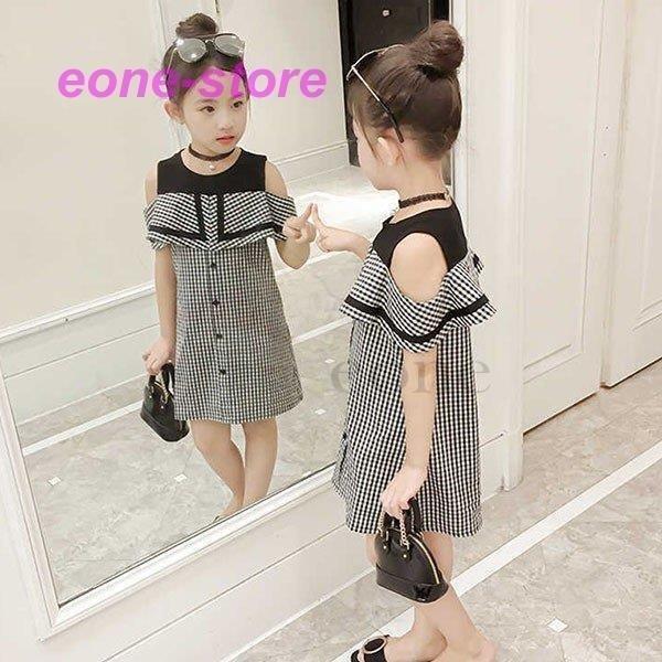 子供服ワンピース韓国子供服女の子ワンピース膝丈半袖ワンピース肩出しベビーワンピースチェック柄ドレスキッズ可愛い夏服通学着/通園着