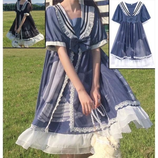 ロリータワンピースレディース　半袖ワンピース　ロリータドレス可愛い半袖ワンピースセーラー服 森ガール系セーラー風夏日常ワンピース