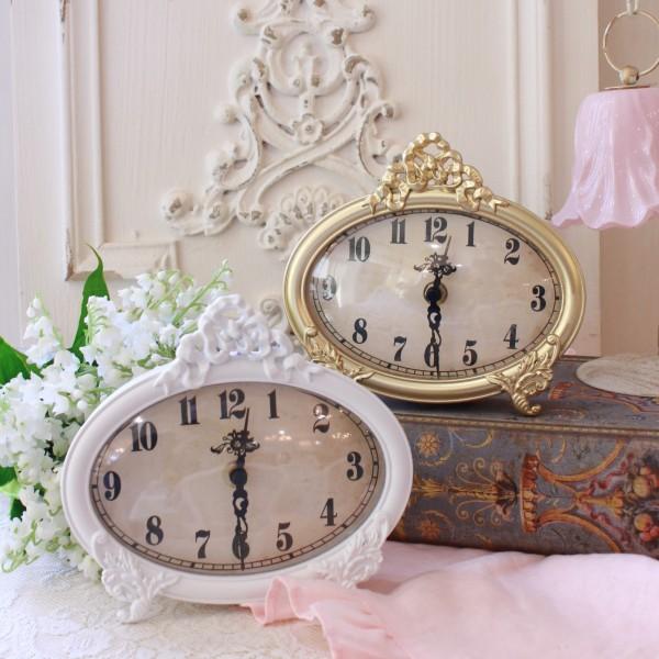 ヨーロッパ式創意リビング装飾.レトロなファッション置き時計 置時計 置き時計 テーブルクロック リボン オーバル クロック ホワイト