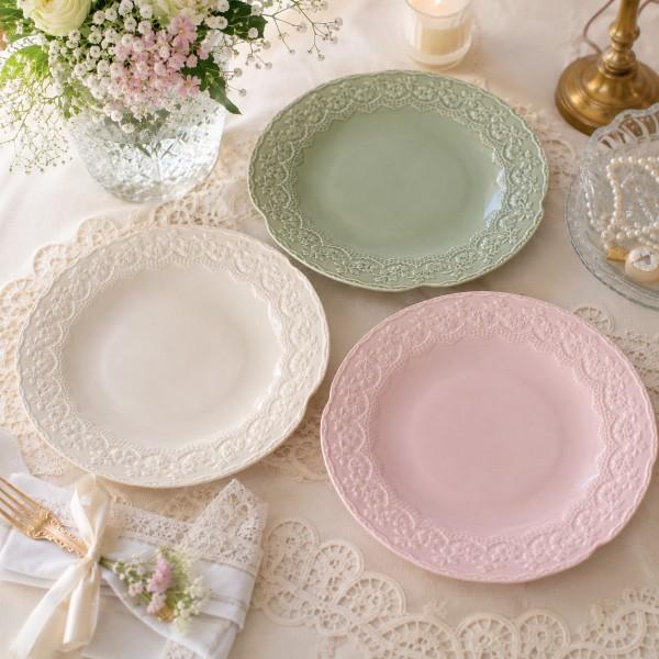 ディナープレート 23cm プレート 皿 陶器 グリーン ピンク アイボリー アンティーク風 可愛い食器 おしゃれ ディナー皿 メインプレート デザートプレート レース
