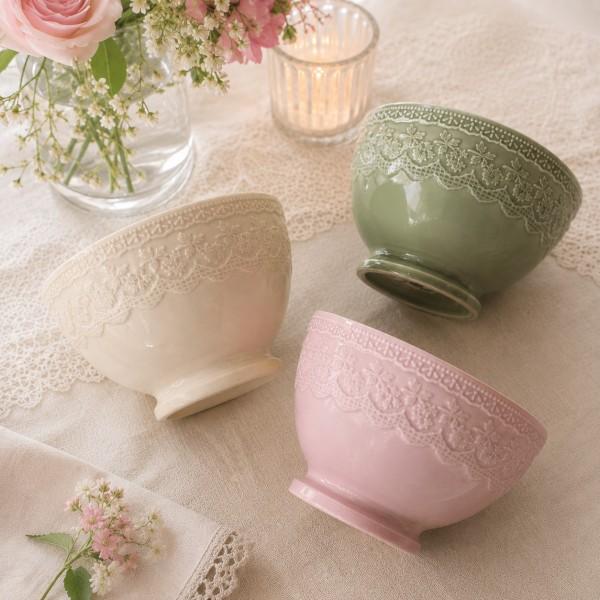 ボウル サラダボウル カフェオレボウル 陶器 小どんぶり 小丼 グリーン ピンク アイボリー アンティーク風 可愛い食器 おしゃれ レース柄