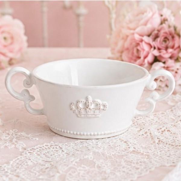 食器 クラウン スープカップ ホワイト スープボウル 陶器 持ち手付き カップ 洋食器 アンティーク調 陶器製 シャビーシック 可愛い おしゃれ クラウン 王冠