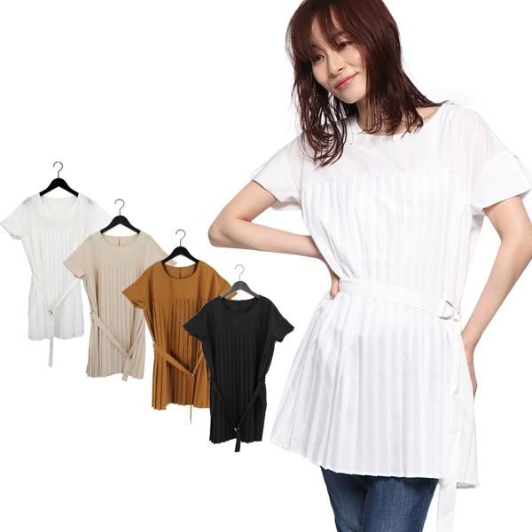 シャツ ブラウス チュニック プリーツブラウス 半袖 クルーネック 丸首 ベルト付き プルオーバー トップス レディース Sb メンズファッション Styleblockmen 通販 Yahoo ショッピング