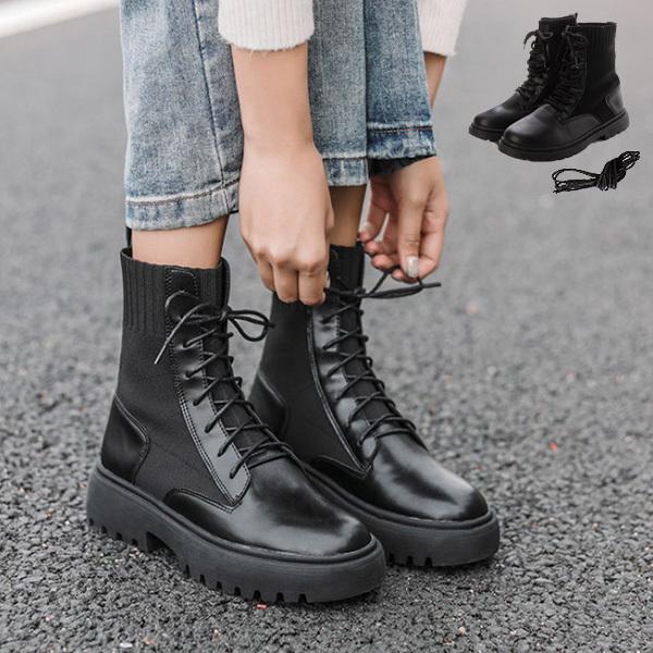 ショートブーツ レースアップブーツ ローヒール ドッキング ニット Puレザー 歩きやすい 黒 秋 冬 シューズ 靴 レディース Sb Boots180 パーティードレス Style Block 通販 Yahoo ショッピング