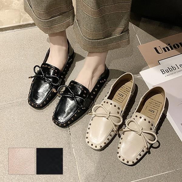 ローファー レディース Puレザー 合皮 スタッズ リボン ローヒール 歩きやすい 黒 靴 シューズ Sb Pumps056 メンズファッション Styleblockmen 通販 Yahoo ショッピング