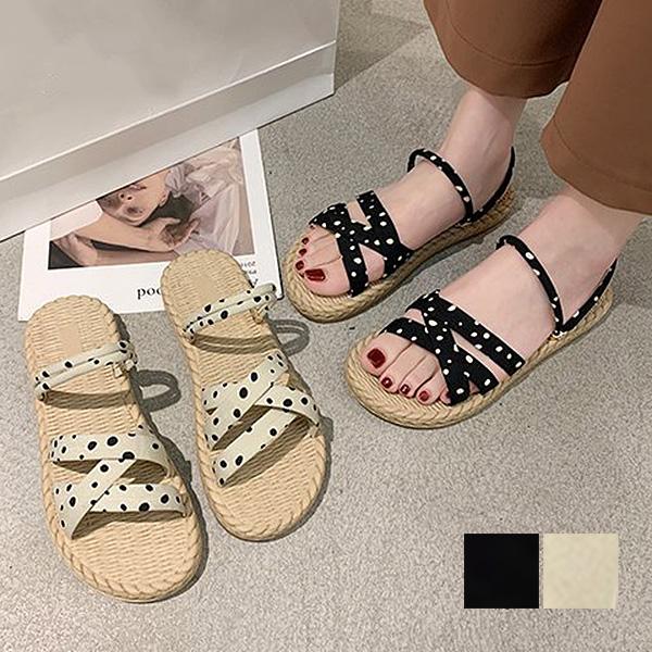 サンダル ジュートサンダル 歩きやすい 厚底 夏 2way ペタンコ フラット 白 黒 ドット柄 シューズ 靴 レディース Sb Sandal114 パーティードレス Style Block 通販 Yahoo ショッピング