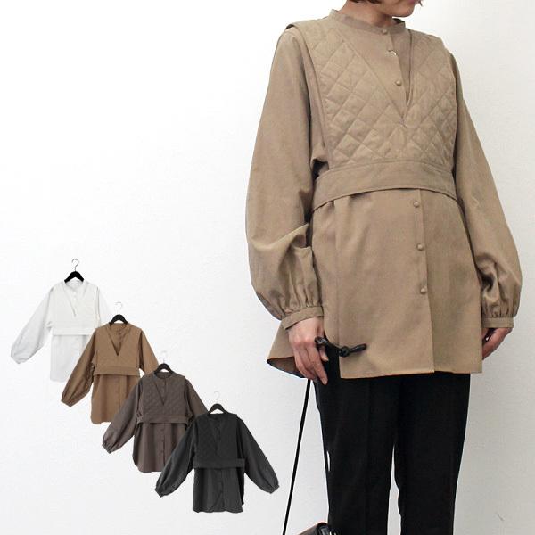 シャツ ブラウス ビスチェ 2way セット レイヤードトップス 秋 冬 長袖 白 黒 オフィス フォーマル キルティング スタンドカラー トップス レディース Sb X メンズファッション Styleblockmen 通販 Yahoo ショッピング