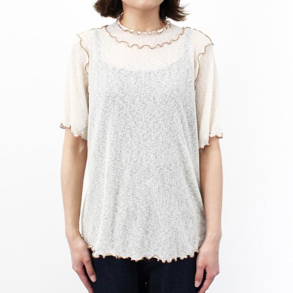 カットソーリブメローハイネック半袖5分袖無地シアー透けトップス夏白トップスレディース 待望