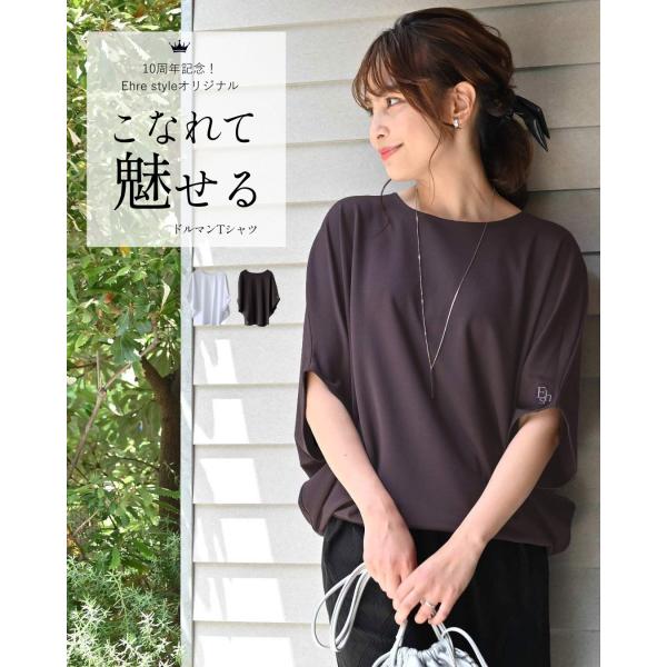 トップス ドルマン Tシャツ ドルマンTシャツ カットソー ロゴ刺繍 刺繍 10周年 ゆったり 体型カバー ストレッチ