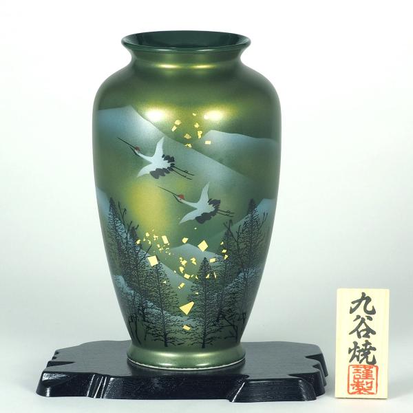 青い漆器花瓶 金箔装飾 木製台座付き