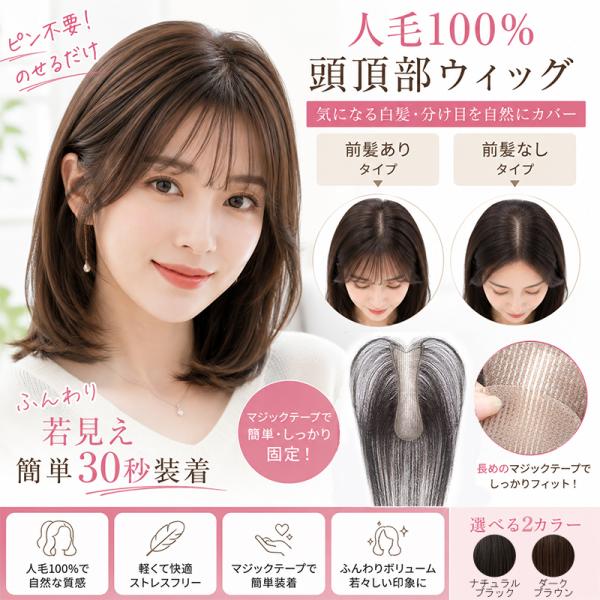 人毛100％ 頭頂部ウィッグ 部分ウィッグ 白髪隠し 分け目 トップカバー 前髪あり なし マジックテープ ピン不要 ボリュームアップ 自然 かつら トップピース