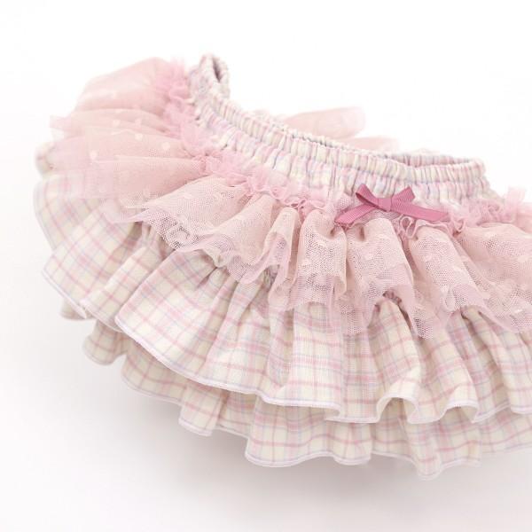 ガーゼ素材のピンクチェック柄をベースに、ベージュのドットチュールがショコラのように甘い印象のフリフリボトム。アンティークな色合いでありつつ、スウィートな部分も兼ね備えたミルクピンクチェック。優しい雰囲気のコーディネートにしてくれそう。素材本...