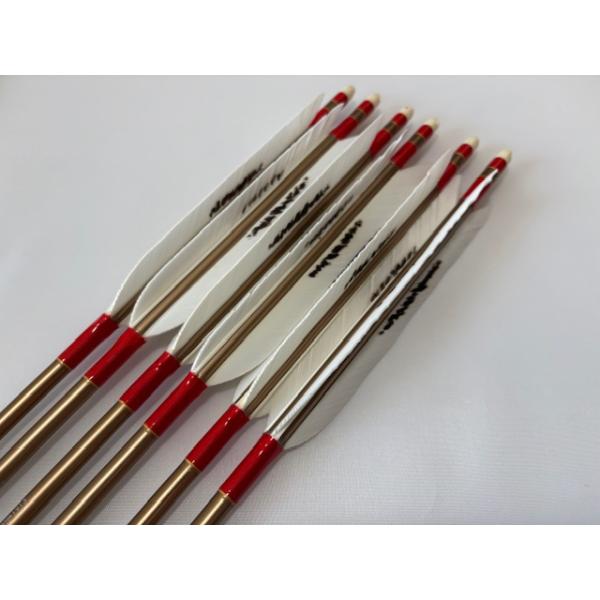 ジュラルミン矢「EASTON社」、６本セットです。ターキー矢です。・シャフトの太さ：１９１３・シャフトのカラー：ブロンズ・矢羽根の種類：ターキー・矢羽根の模様：手描浮雲・矧ぎ糸のカラー：赤色・筈の色：白色ご希望の矢尺を記入のうえ注文してくだ...