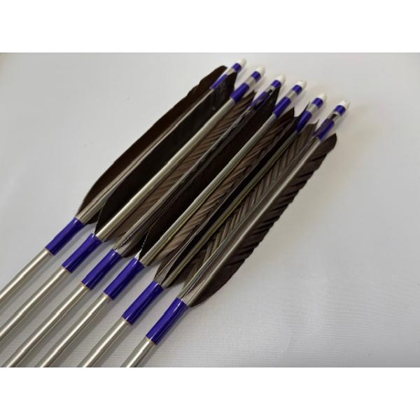 ジュラルミン矢「EASTON社」、６本セット矢です。・シャフトの太さ：1913・シャフトのカラー：シルバー・矢羽根の種類：黒手羽・矢羽根の模様：黒（単色）・矧ぎ糸のカラー：紫色・筈の色：白色ご希望の矢尺を記入のうえ注文してください。（１１０...