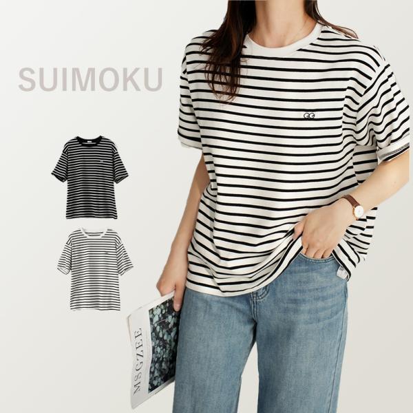 レディース 半袖Tシャツ ボーダー 丸首 ゆったり ボトムスシャツ コットン 春夏
