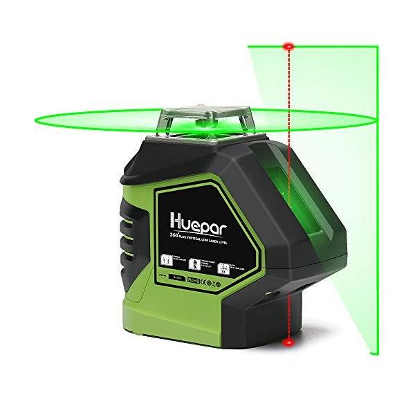 Huepar グリーン レーザー墨出し器 360°横フルライン 鉛直地墨点照射 緑色 レーザー クロスライン 自動水平 高輝