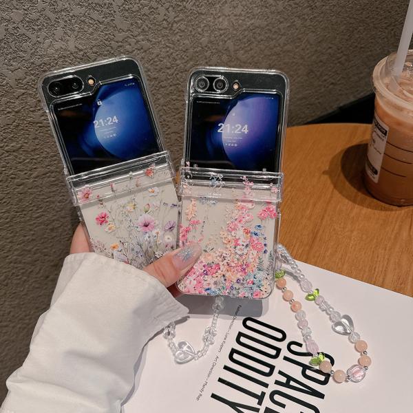 galaxy z flip7 ケース 韓国 花柄 ギャラクシー z フリップ6 ケース ストラップ付き 落下防止 galaxy z flip5 ケース かわいい galaxy flip4 ケース 折りたたみ