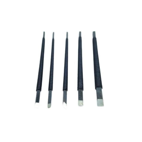 篆刻刀5種類10種類は多いとお考えの方や、始めて篆刻をされる方にオススメの刀です。篆刻に必要の刀がセットになっておりますので、これから始めてみるのに最適です。もちろん納得の切れ味、確認済み出荷です数量:1箱（5本入り状態：新品