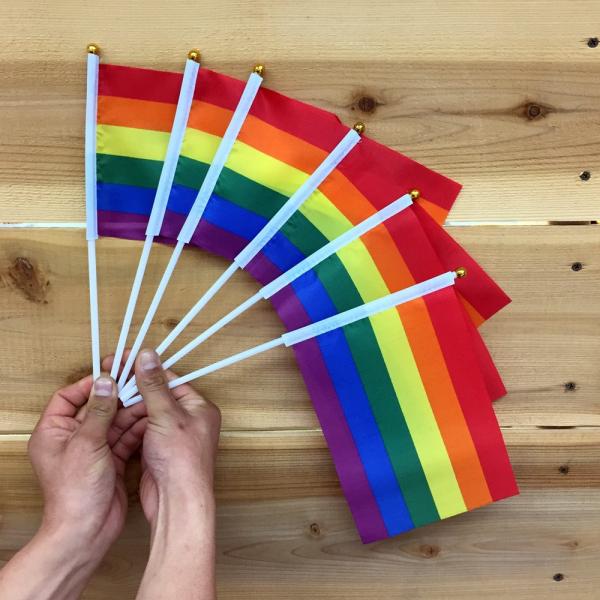 ■商品説明ミニサイズのレインボー手旗、6本セット。      スティック付きなので、パレードやイベント時に使用したり、机の上に飾ったりできます。            ・素材：ポリエステル（旗）、プラスチック（旗棒）      ・旗の大きさ...