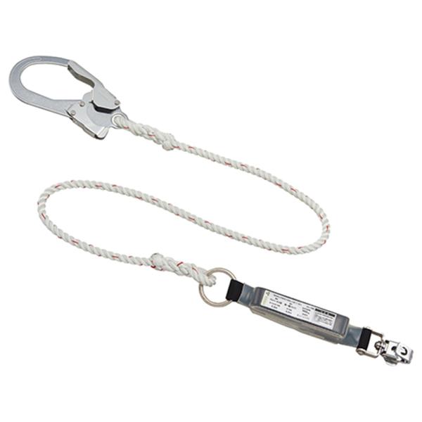 ベーシックなシングルランヤードです。フルハーネス用ランヤード。ベーシックなロープ式ランヤードです。●ロープ：直径10mm・3ツ打ナイロン。●全長：約1700mm。●ショックアブソーバ：第一種(4kN)。●フック：No.56A(軽量タイプ)。...