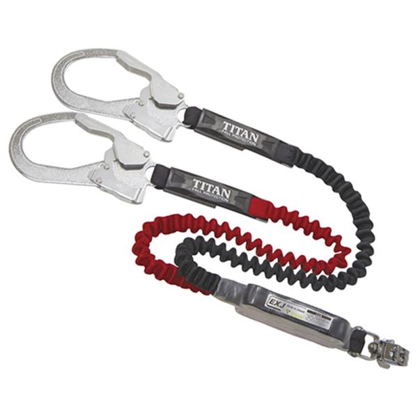 軽量で使いやすく、作業姿勢に応じて伸縮するダブルランヤードです。フルハーネス用ランヤード。軽量な伸縮式のダブルランヤードです。●ストラップ：ゴム芯入りポリエステル被覆(ブラック/レッド)。●全長：約1600mm(ストラップ収縮時約1100m...