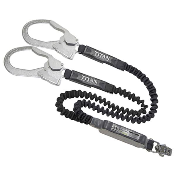 軽量で使いやすく、作業姿勢に応じて伸縮するダブルランヤードです。フルハーネス用ランヤード。軽量な伸縮式のダブルランヤードです。●ストラップ：ゴム芯入りポリエステル被覆(ブラック/ブラック)。●全長：約1600mm(ストラップ収縮時約1100...