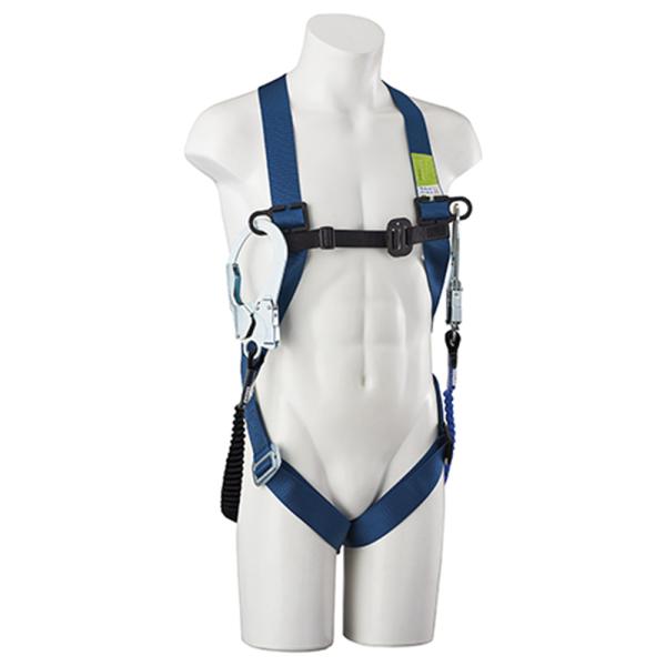 リーズナブルですぐご使用できるダブルランヤードのセットタイプです。高所作業時の墜落防止。シンプルな構造の軽量タイプのワーカーズハーネスに伸縮式ダブルランヤードのセット品です。●サイズ：M。