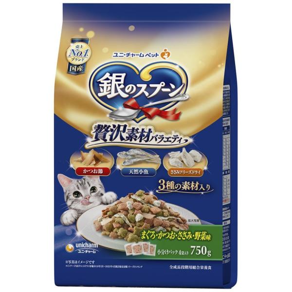 他サイト： ユニチャーム 銀のスプーン 贅沢素材バラエティ まぐろ・かつお・ささみ・野菜味 750gの商品画像