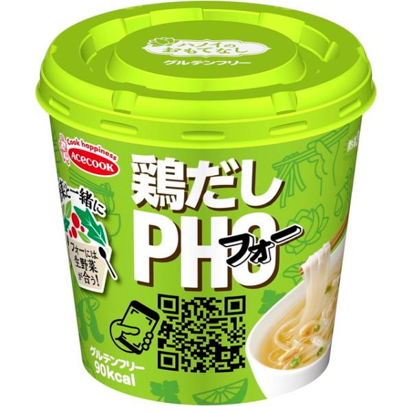つるっと滑らかで、米の風味が香るベトナム仕込みのめん。鶏だしに香味野菜の旨み、胡椒やシナモン等の香辛料の風味がアクセントのスープ。大豆そぼろ、ねぎ、もやし、コリアンダー入り。エースコック