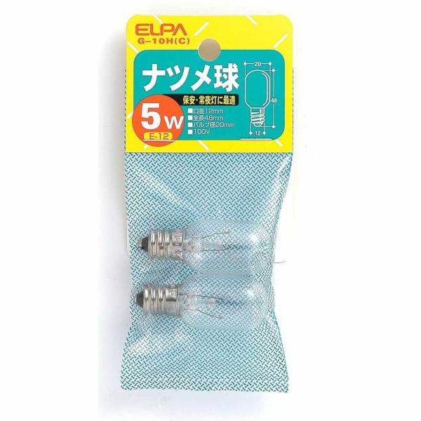 ●保安用。常夜灯。表示灯に適しています。●小形。低ワットで長寿命設計の電球。■定格電圧：100V■定格消費電力：5W■定格寿命：約3,000時間■本体サイズ：全長48×バルブ径20（mm）■口金：E12■入数：2個■カラー：クリア