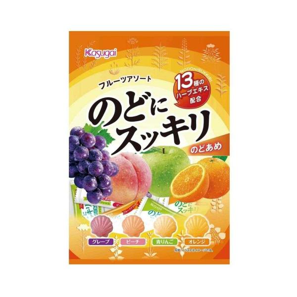 ほんのりミルクの味わいでのどにやさしく、まろやかで舐めやすいのど飴です。グレープ、ピーチ、青リンゴ、オレンジの4種アソート。13種類のハーブエキス配合。