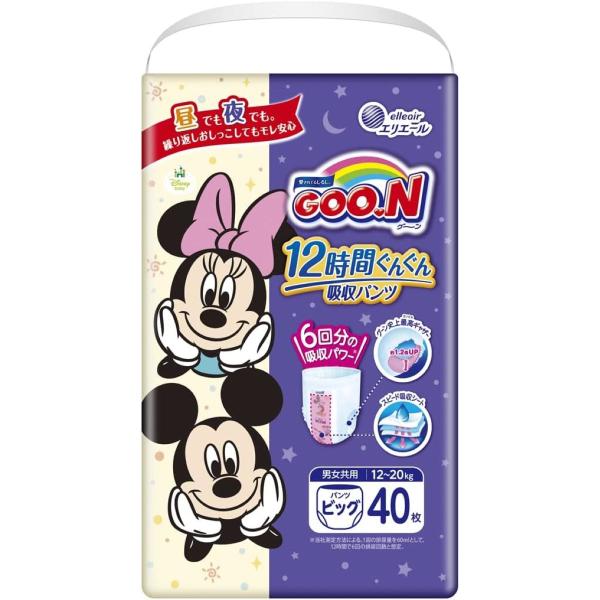 ●６回分（※）の吸収パワーで、昼でも夜でも１２時間モレ安心！※メーカー測定方法による、１回の排尿量を、ＢＩＧサイズは６０ｍｌとして表記。●グーン史上最高（さいたか）ギャザーで足まわりをしっかり包み込んで、動きまわってもすきまができにくい。●...