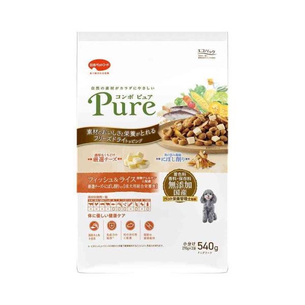 他サイト： 日本ペットフード コンボ ピュア ドッグ フィッシュ＆ライス 厳選チーズ・にぼし削り入り 540g（270gx2）の商品画像