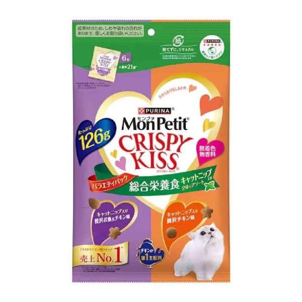 他サイト： 【ポイント10倍】モンプチクリスピーキッス バラエティパック 総合栄養食キャットニップ入り2種のアソート 126gの商品画像