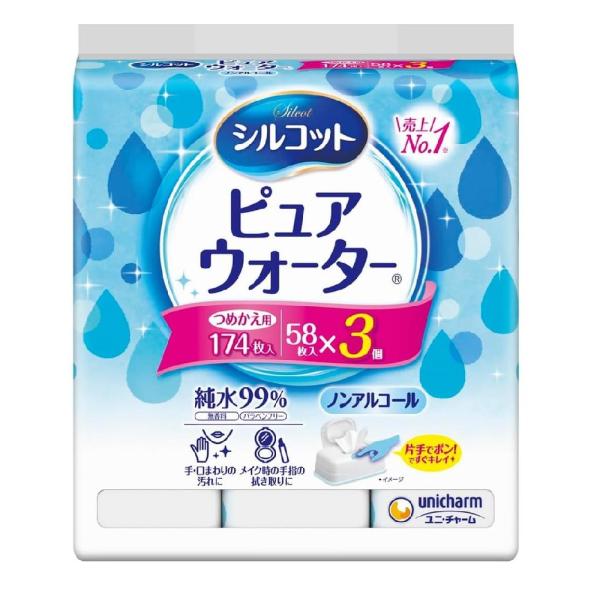 ワンプッシュでフタが開いて、片手でシートが取り出せるから、身の回りを手早くキレイにできるウェットティッシュの詰め替え用です。純水99％、ノンアルコール、無香料。