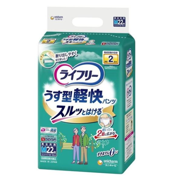 軽い力で２倍に広がるのでスルッとはけるパンツです。背中・足ぐりピタっとギャザーが背中・足ぐりにピタッとフィットするのでスキマモレを低減。２０１９年春から、更にらくらくステッチ搭載！ご本人の力で両脇が破けてサッと脱げる機能に改良！