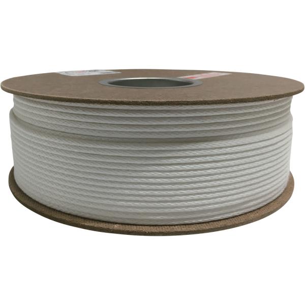 ●強度は３つ打に比べ４０％程度低下しますが、摩擦抵抗が少なく、ねじれにくいロープです。●酸・アルカリ・海水等に強く、耐候性に優れ摩擦にも非常に強く、強力に優れたロープです。●色：白●線径（ｍｍ）：４●長さ（ｍ）：２００●包装形態：ドラム巻　...