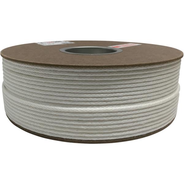 ●強度は３つ打に比べ４０％程度低下しますが、摩擦抵抗が少なく、ねじれにくいロープです。●手触りがよく扱い易い、耐候性、耐久性に優れた強度の強いロープです。●色：白●線径（ｍｍ）：４●長さ（ｍ）：２００　質量1.99kg