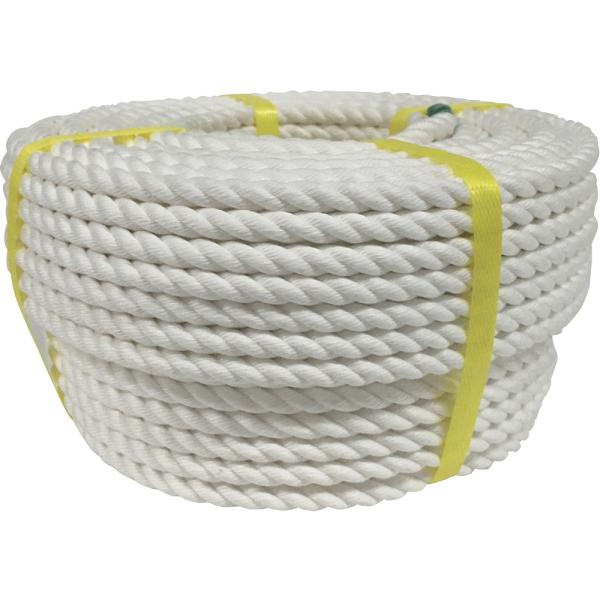 ●手触りがよく扱い易い、耐候性、耐久性に優れた強度の強いロープです。●色：白●線径（ｍｍ）：９●長さ（ｍ）：５０●ロープの打ち方：３つ打●包装形態：バンド掛巻　質量2.4kg