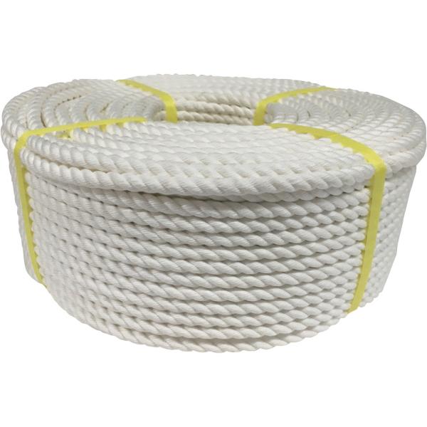 ●手触りがよく扱い易い、耐候性、耐久性に優れた強度の強いロープです。●色：白●線径（ｍｍ）：９●長さ（ｍ）：１００●ロープの打ち方：３つ打●包装形態：バンド掛巻　質量4.8kg